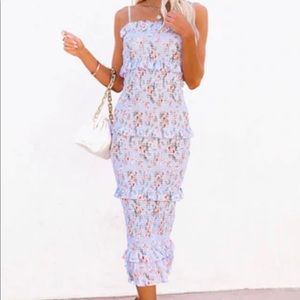 Vici - Floral Smocked Ruffle Midi Dress - Blue - Small